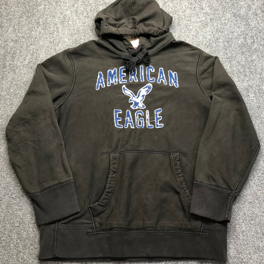 Y2K American Eagle Outfitters Mens XL Eagle Fleece Hoodie Black Distressed
